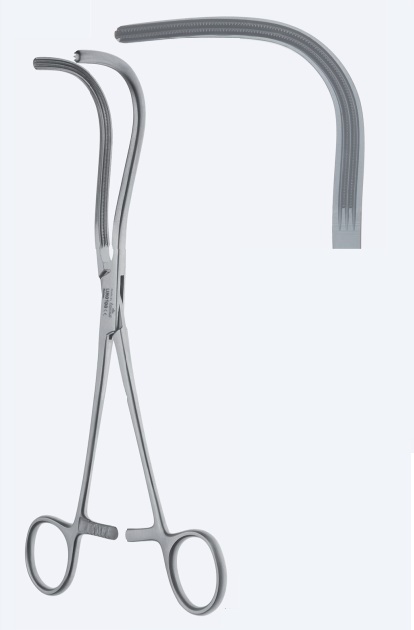 Зажими, хірургічні, "Mayo-Guyon", для нирки, атравматичні, вигнуті, фіг. 1, з кремальєрою, загальна довжина 240 мм. Бренд - Asanus Medizintechnik Gmb, Німеччина